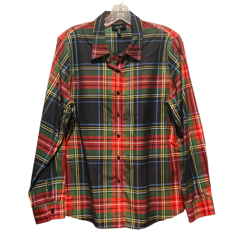 FOXCROFT Non-Iron 16P Button Down Shirt Shaped Fit Plaid Red Black Green